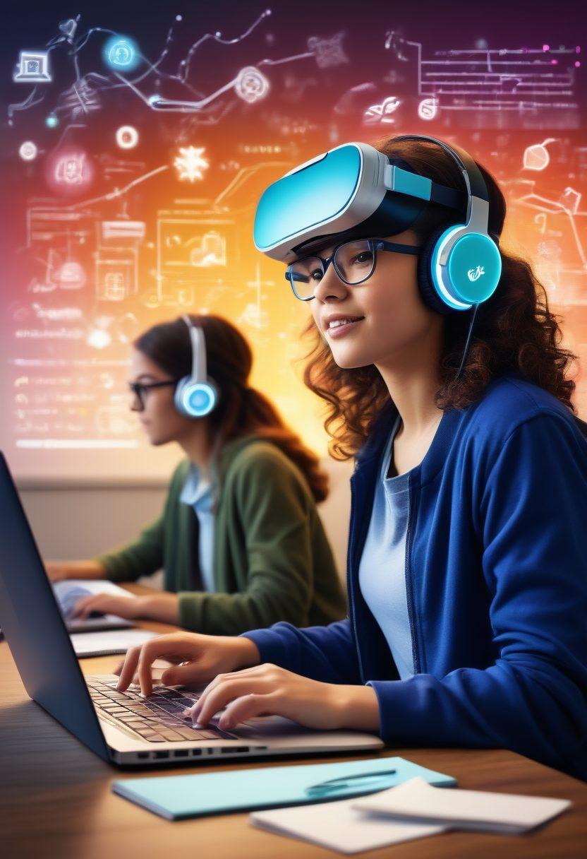 A virtual classroom scene showcasing diverse students engaged in distance learning on their laptops, surrounded by digital learning tools like books, notes, and virtual reality headsets. The atmosphere is bright and inspiring, with vibrant colors reflecting enthusiasm for education. Elements of technology, such as graphical interfaces and online connections, create a modern feel. Incorporate motivational quotes in the background to enhance the theme of academic success. vibrant colors. digital art.