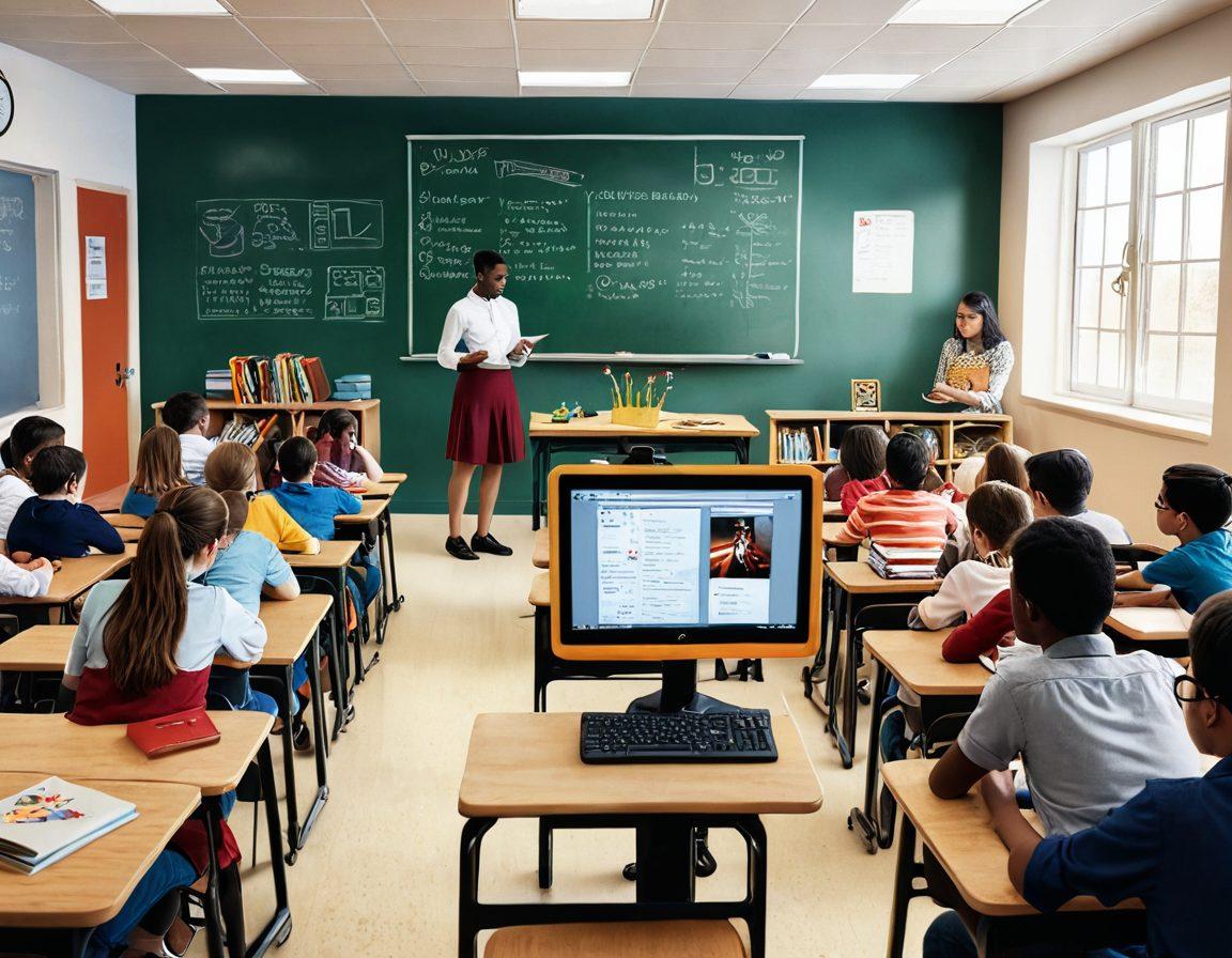 A split scene showing a traditional classroom on one side with a teacher and students, and a modern digital classroom on the other with students engaged on laptops and tablets. Include elements like books, chalkboards, and digital screens with online resources. Capture the contrast between physical and virtual learning environments with vibrant colors. super-realistic. vibrant colors. 3D.