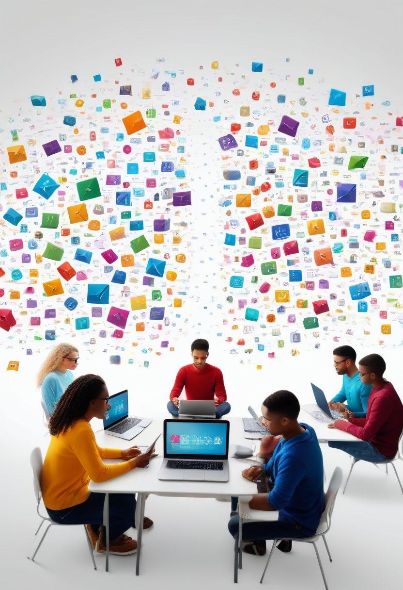 A diverse group of individuals engaged in online learning, surrounded by various educational tools like laptops, books, and digital tablets. The backdrop showcases a vibrant virtual classroom with floating icons representing different subjects and resources. Bright colors highlight a sense of enthusiasm and progress, while motivational phrases are subtly integrated into the design. The image should evoke a feeling of empowerment and growth in the realm of online education. super-realistic. vibrant colors. white background.
